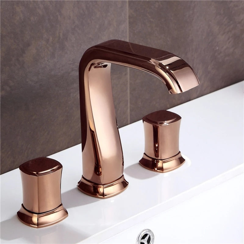 Rose Gold Bathroom Basin Faucets Brass Widespread Sink Mixer Tap Hot &amp; Cold Lavatory Crane 3 Hole