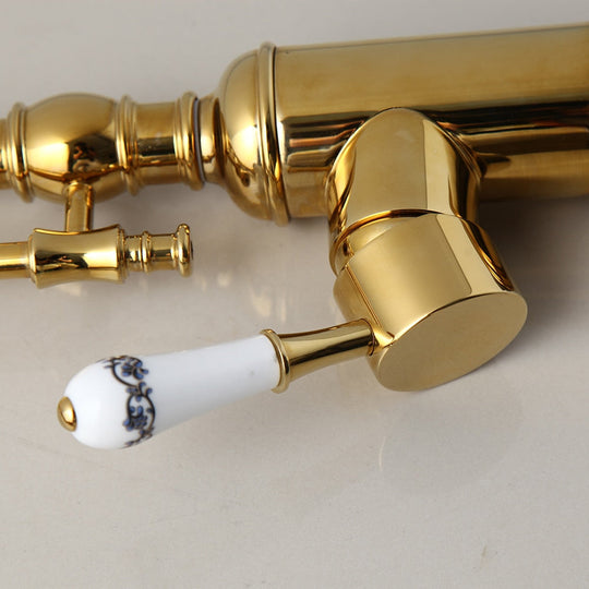 Golden Spring Pull Down Kitchen Sink Faucet Hot &amp; Cold Water Mixer Crane Tap With Dual Spout Deck