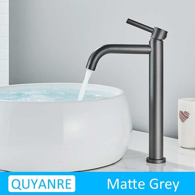 Black Chrome Tall Basin Sink Faucet Slim Bathroom Washbasin Water Mixer Tap Hot Cold Crane Matte