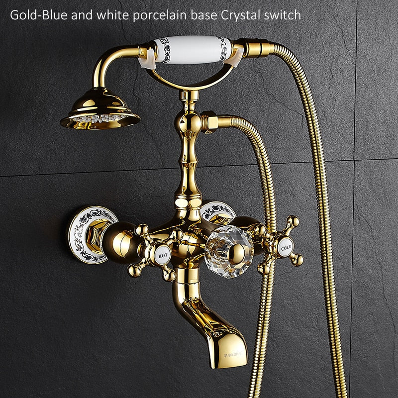 Luxury Crystal Handle Bathtub Gold Brass Faucet With Hand Shower Telephone Type Bath Faucets Sets