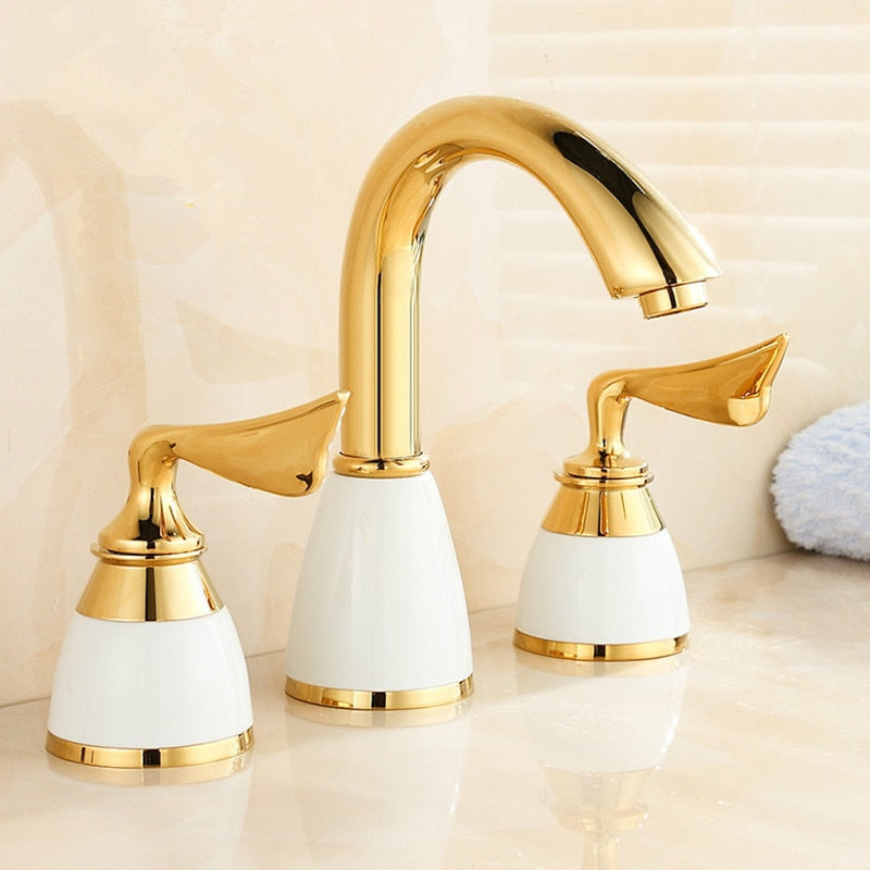 3 Pieces Set Bathtub Faucet Deck Mounted Gold Luxury Bathroom Tub Mixer Holes Widespread Bath Sink