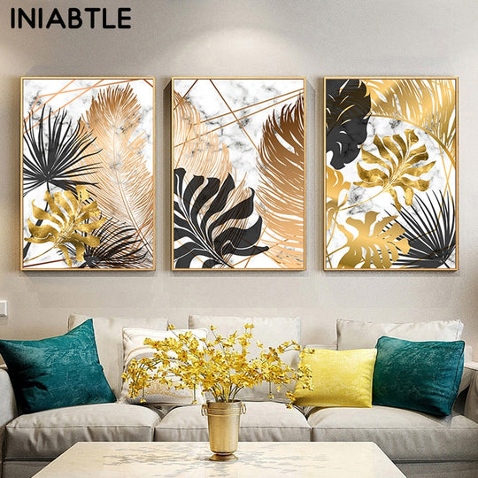 Golden Leaf &amp; Marble Nordic Canvas - Abstract Modern Art For Home Decor Printings