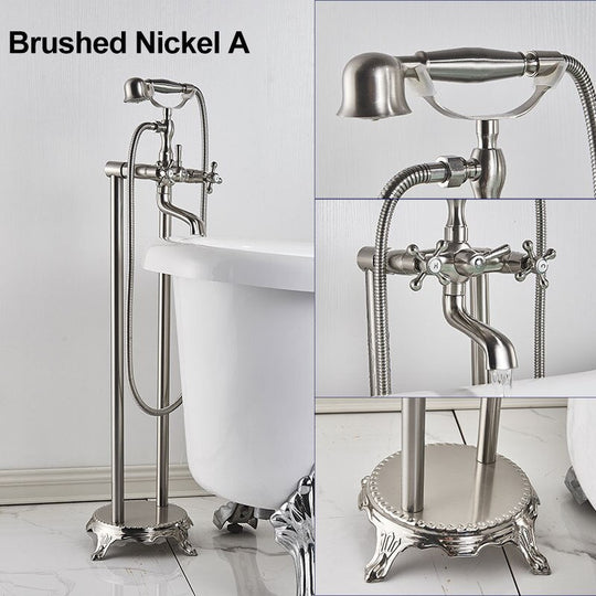 Gold Bathtub Shower Faucet Deck Mount Dual Tube Hot Cold Mixer Systems With Rainfall Handheld Floor