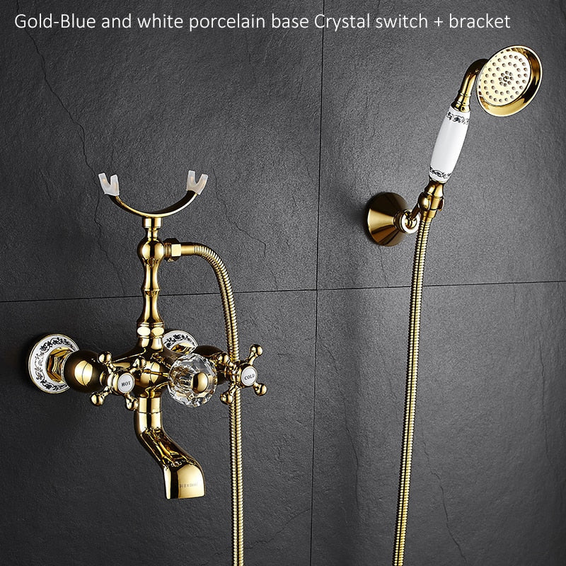 Luxury Crystal Handle Bathtub Gold Brass Faucet With Hand Shower Telephone Type Bath Faucets Sets