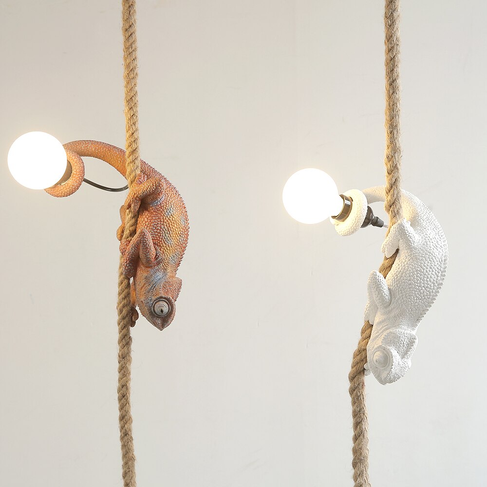 Artistic Resin Chameleon Pendant Light - White Hemp Rope Lamp For Living Room Study Unique Led