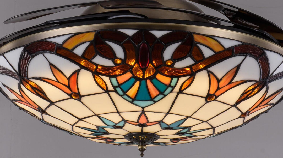 Tiffany - Style Invisible Ceiling Fan Lamp - Retro Mediterranean Design With Remote Control Fans