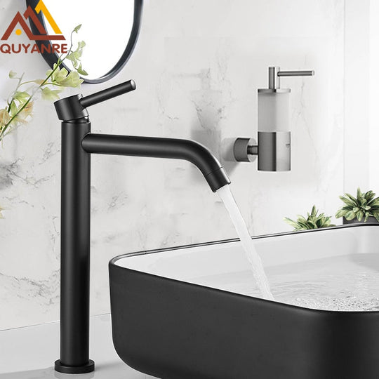 Black Chrome Tall Basin Sink Faucet Slim Bathroom Washbasin Water Mixer Tap Hot Cold Crane Faucets