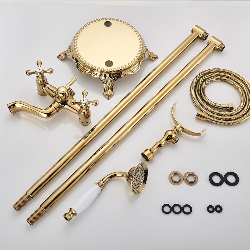 Gold Bathtub Shower Faucet Deck Mount Dual Tube Hot Cold Mixer Systems With Rainfall Handheld Floor