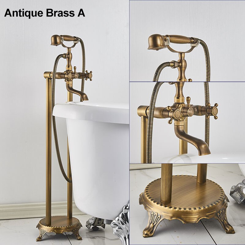 Gold Bathtub Shower Faucet Deck Mount Dual Tube Hot Cold Mixer Systems With Rainfall Handheld Floor