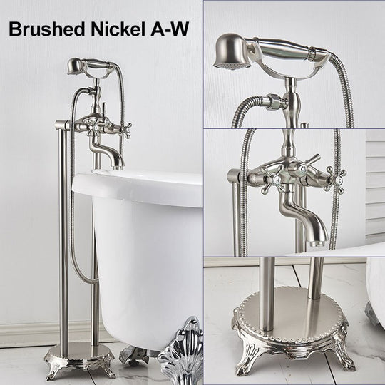 Gold Bathtub Shower Faucet Deck Mount Dual Tube Hot Cold Mixer Systems With Rainfall Handheld Floor