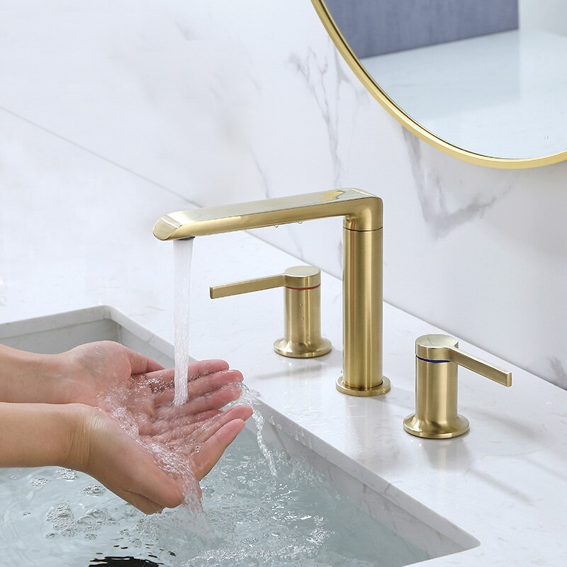 Brushed Gold Bathroom Widespread Basin Faucets Soild Brass Sink Mixer Hot &amp; Cold Lavatory Crane