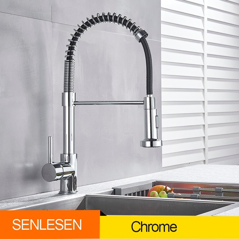 Golden Kitchen Spring Faucet Brass Deck Mount 360 Degree Rotate Stream &amp; Sprayer Nozzle Hot Cold