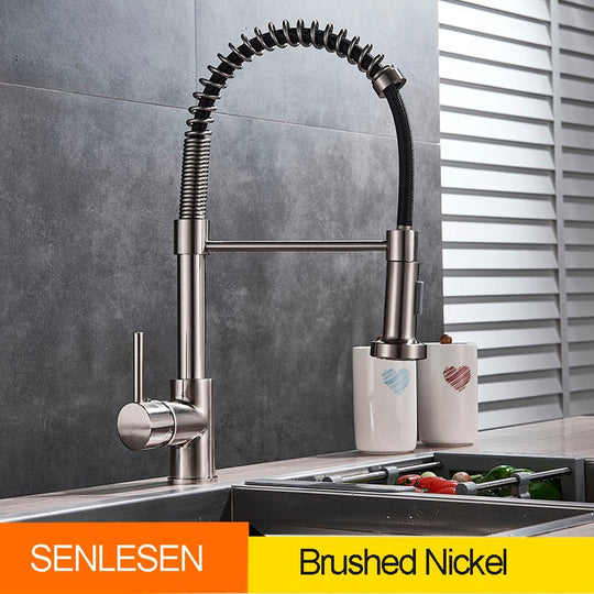 Golden Kitchen Spring Faucet Brass Deck Mount 360 Degree Rotate Stream &amp; Sprayer Nozzle Hot Cold