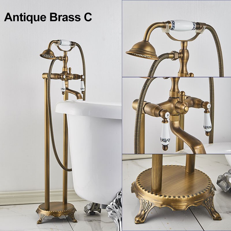 Gold Bathtub Shower Faucet Deck Mount Dual Tube Hot Cold Mixer Systems With Rainfall Handheld Floor