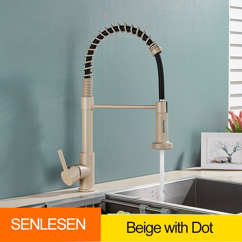 Golden Kitchen Spring Faucet Brass Deck Mount 360 Degree Rotate Stream &amp; Sprayer Nozzle Hot Cold
