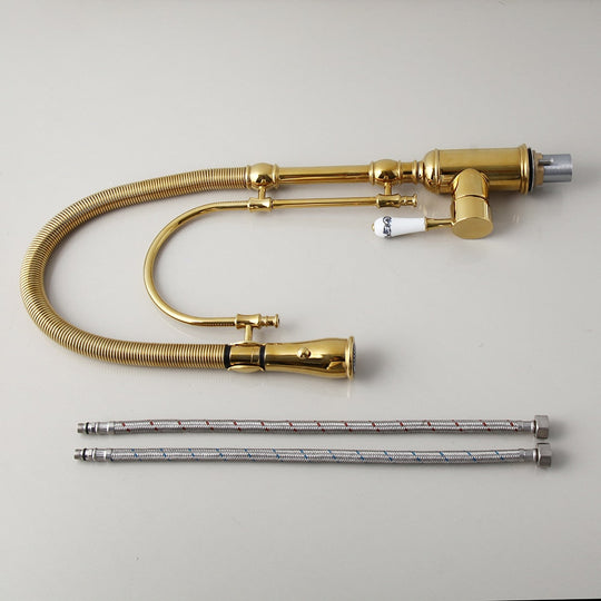 Golden Spring Pull Down Kitchen Sink Faucet Hot &amp; Cold Water Mixer Crane Tap With Dual Spout Deck