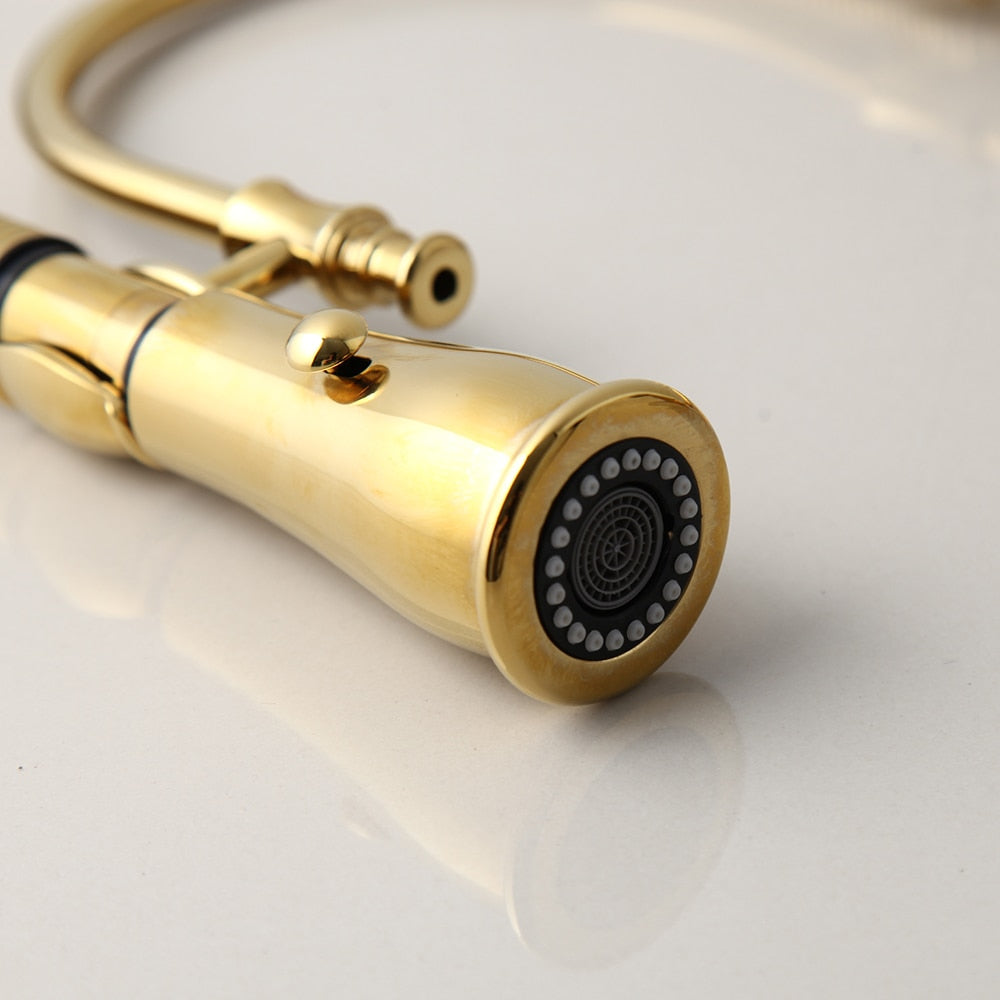Golden Spring Pull Down Kitchen Sink Faucet Hot &amp; Cold Water Mixer Crane Tap With Dual Spout Deck