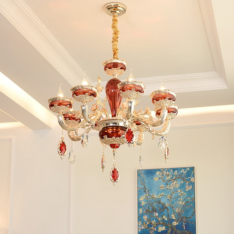 Modern European K9 Crystal Zinc Alloy Rose Golden Red Chandeliers 6/8/10 Lights Dinning Room Living