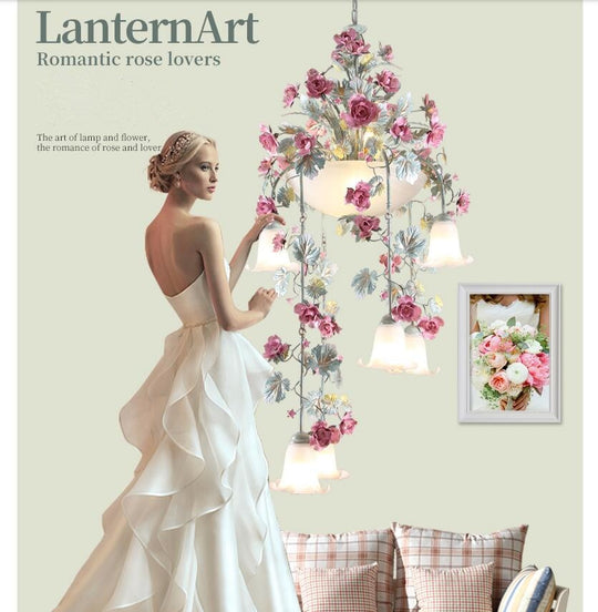 Floral Art Deco Chandelier Lamp - Pink Rose Flower Lustre Light Fixture For Decoration Pendant
