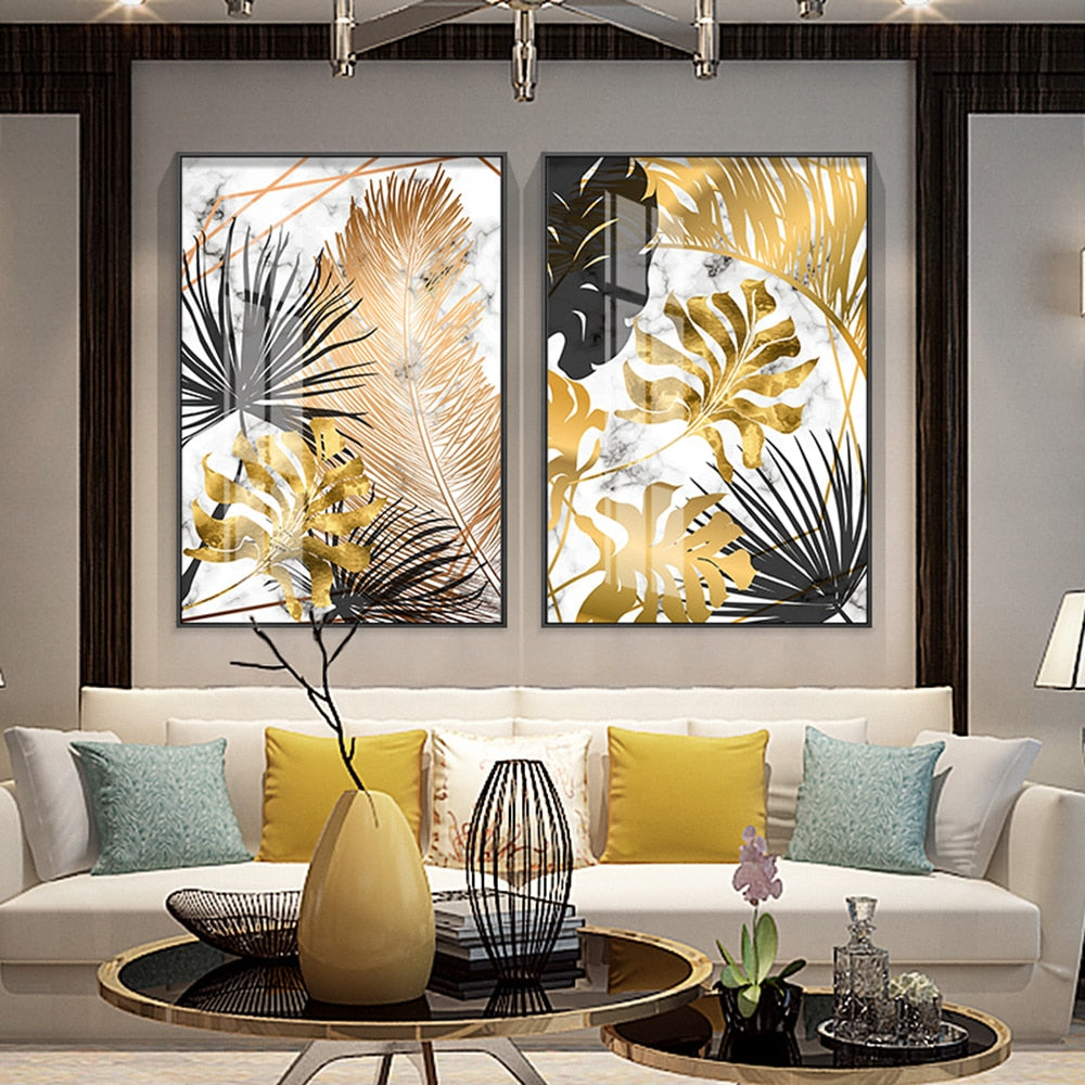 Golden Leaf &amp; Marble Nordic Canvas - Abstract Modern Art For Home Decor Printings