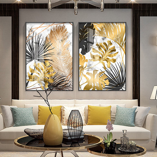 Golden Leaf &amp; Marble Nordic Canvas - Abstract Modern Art For Home Decor Printings