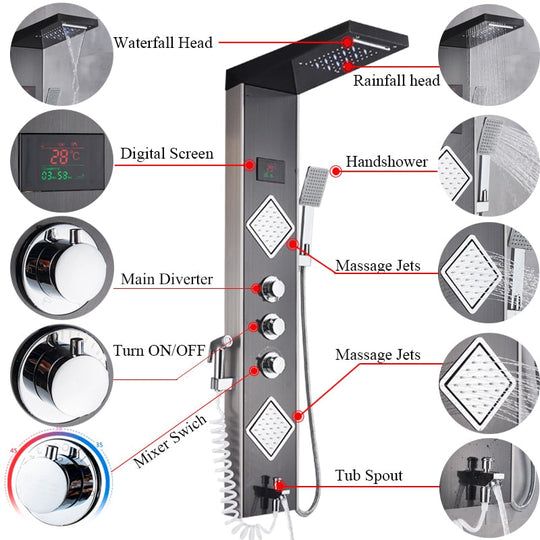 Luxury Brushed Nickle Bathroom Shower Faucet Led Panel Column Bathtub Mixer Tap W/Hand Temperature