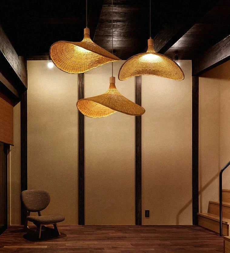 Bamboo Chandelier Rattan Straw Hat Lamp Stair Pendant