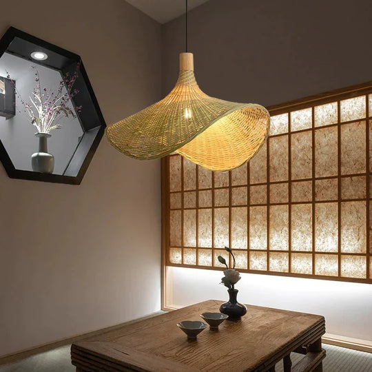 Bamboo Chandelier Rattan Straw Hat Lamp Stair Pendant