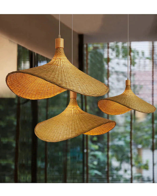 Bamboo Chandelier Rattan Straw Hat Lamp Stair Pendant