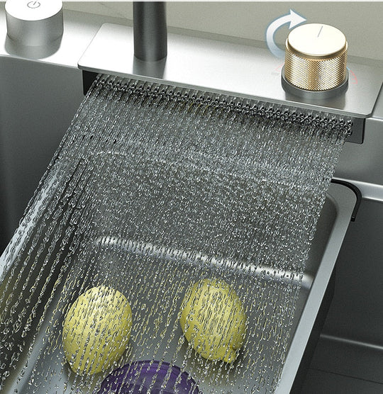 New Grey Nano 304 Stainless Steel Kitchen Sink Waterfall Basin Large Single Slot With Faucet For