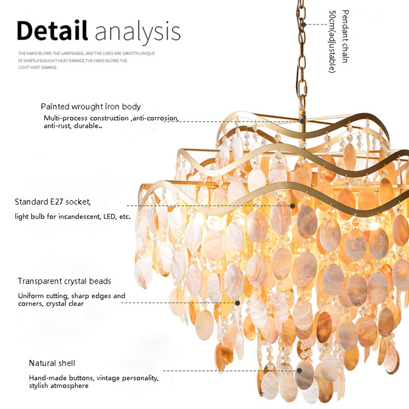 Ac90 - 260V White Capiz Pendant Lamp Seashell Chandeliers Bedroom Metal Fun Shell Light Fixtures