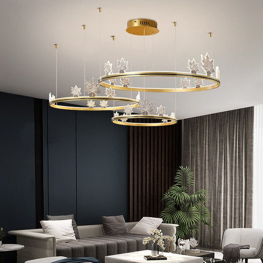 Modern Aluminum Ring Pendant Lights Dimming Foyer Restaurant Bedroom Hanging Lamp Acrylic Leaves