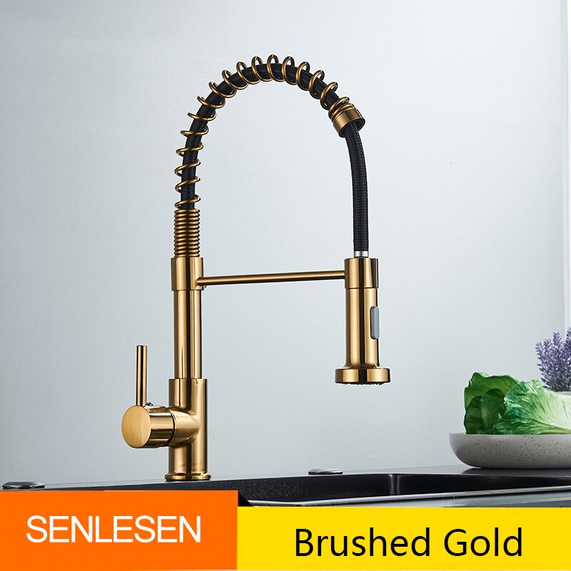 Golden Kitchen Spring Faucet Brass Deck Mount 360 Degree Rotate Stream &amp; Sprayer Nozzle Hot Cold