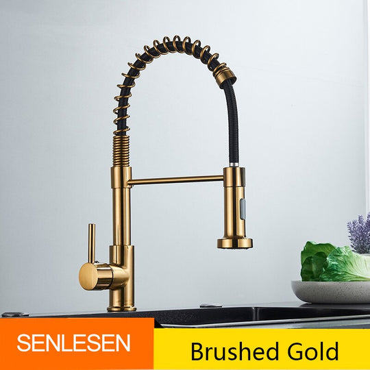 Golden Kitchen Spring Faucet Brass Deck Mount 360 Degree Rotate Stream &amp; Sprayer Nozzle Hot Cold