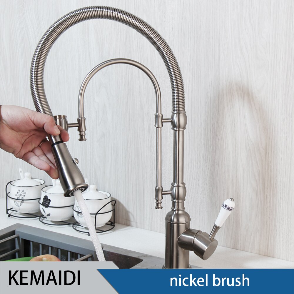 Golden Spring Pull Down Kitchen Sink Faucet Hot &amp; Cold Water Mixer Crane Tap With Dual Spout Deck