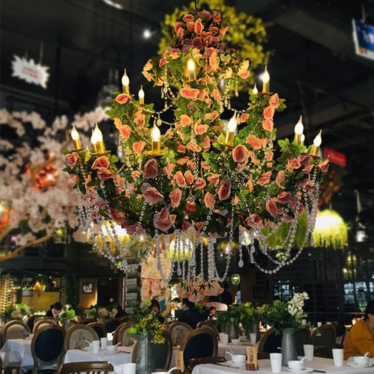 Pink Flower Theme Restaurant Hotel Wedding Banquet Hall Pendant Light Simulation Green Plant