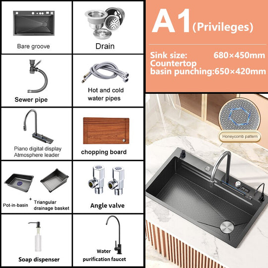 Stainless Steel Waterfall Kitchen Sink Digital Display Embossed Large Single - Slot Multifunctional