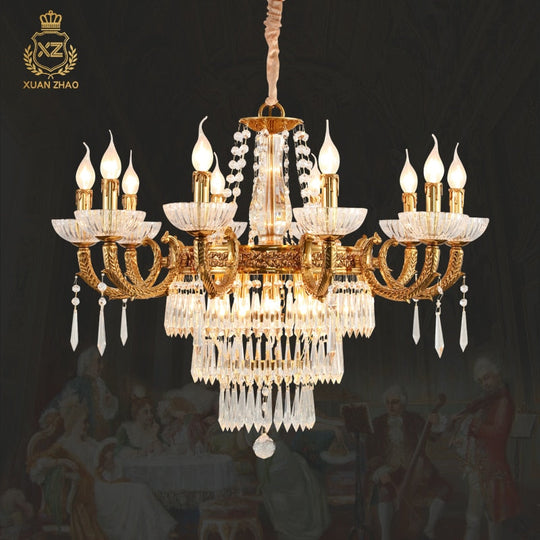 European Elegant Round Clear Crystal Lamp Luxury Foyer Vintage Brass Chandelier Pendant Lighting