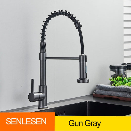 Golden Kitchen Spring Faucet Brass Deck Mount 360 Degree Rotate Stream &amp; Sprayer Nozzle Hot Cold