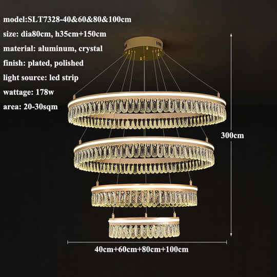 Modern Led K9 Crystal Chandelier 3 / 4 Ring Living Dining Room Hanging Light Circle Pendant Lamp