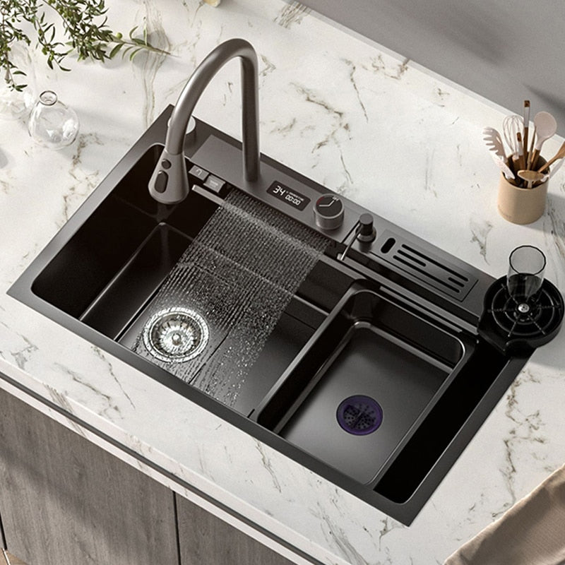 304 Stainless Steel Kitchen Waterfall Sink Digital Display Large Single Dish Basin With