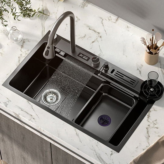 304 Stainless Steel Kitchen Waterfall Sink Digital Display Large Single Dish Basin With