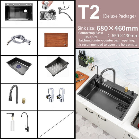 Black Nano Kitchen Sink 304 Stainless Steel Waterfall Basin Large Single Bowl With Multifunction