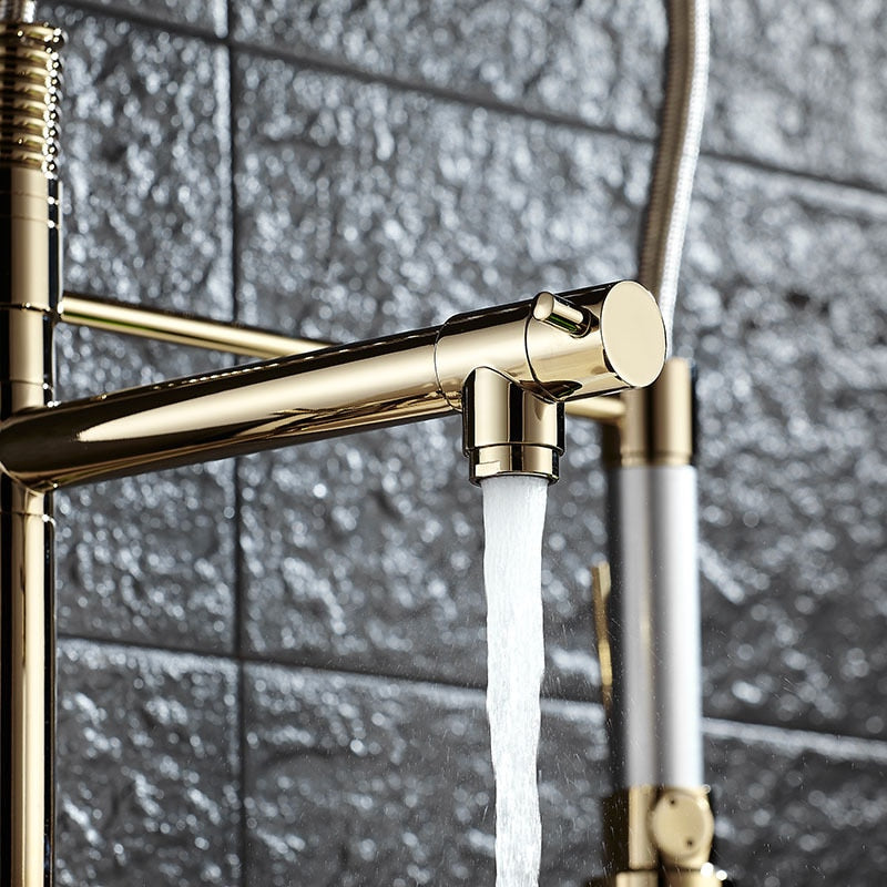 Pull Down Spring Kitchen Faucets Rose Gold Hot Cold Sink Mixer Tap Deck Mounted Brass Black Faucet