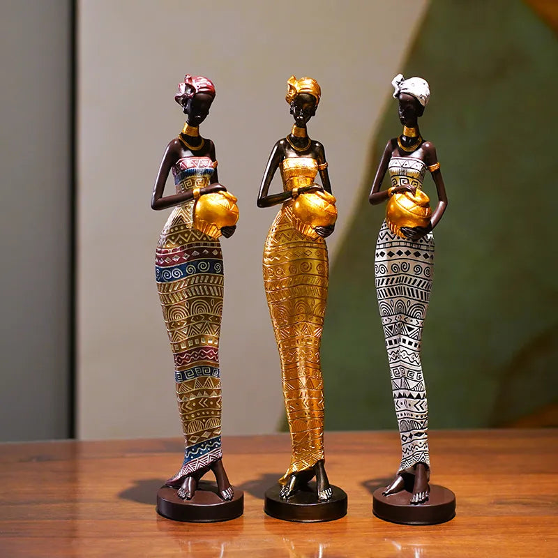 Resin Painted Black Statue Decor Figurines Retro African Women Holding Pottery Pots Home Bedroom
