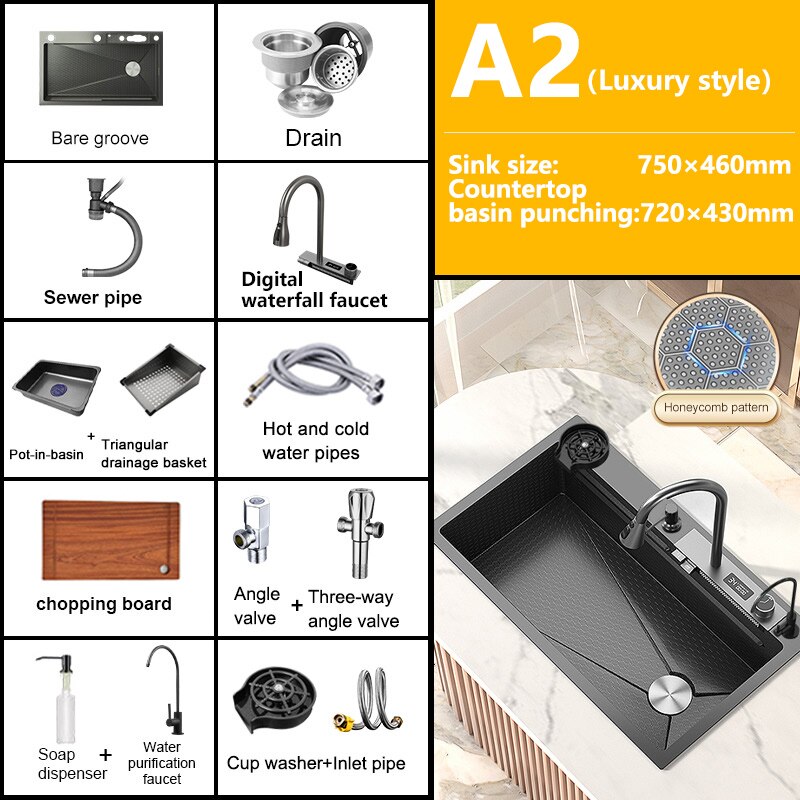 Stainless Steel Kitchen Sink Digital Display Embossed Waterfall Sink Large Single Slot