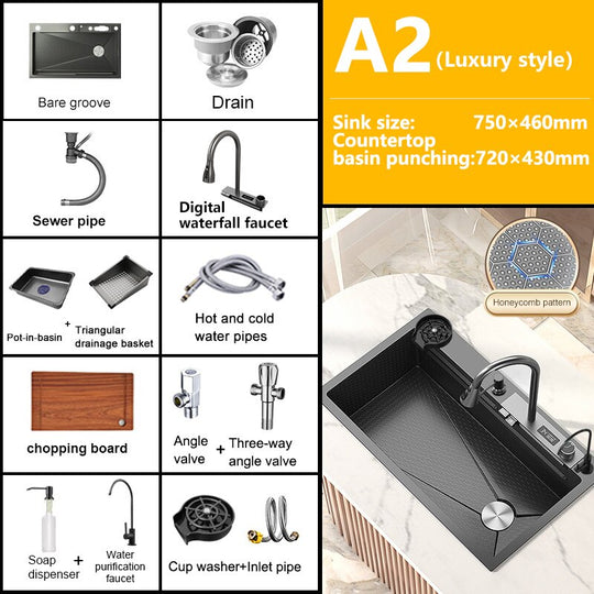 Stainless Steel Kitchen Sink Digital Display Embossed Waterfall Sink Large Single Slot