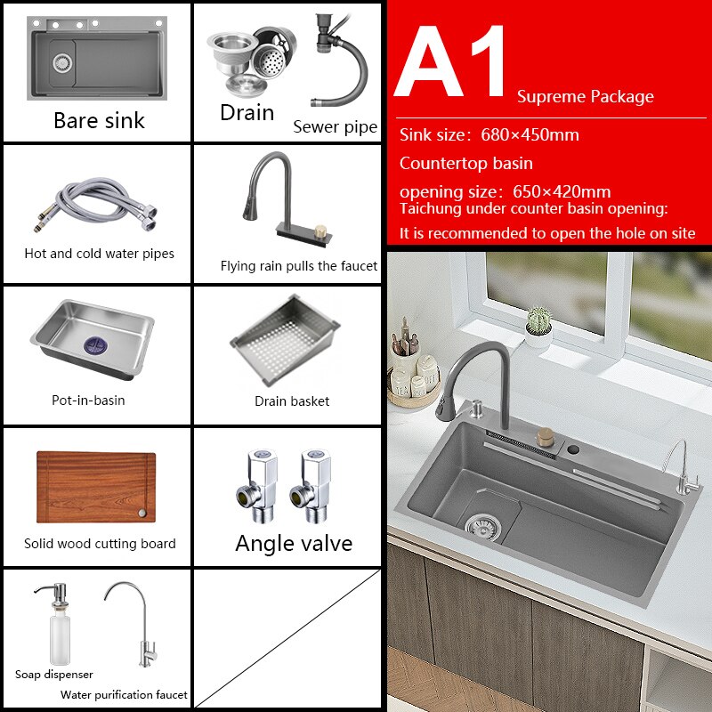 New Grey Nano 304 Stainless Steel Kitchen Sink Waterfall Basin Large Single Slot With Faucet For
