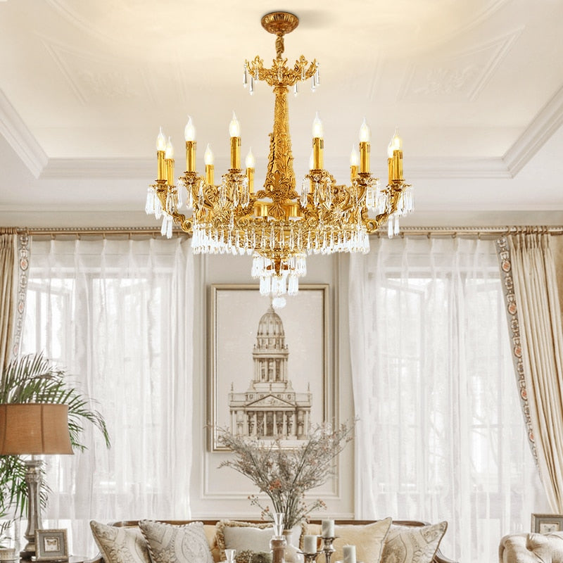 European Style Luxury Lighting Copper Crystal Chandelier Antique American Brass For Hall Chandelier