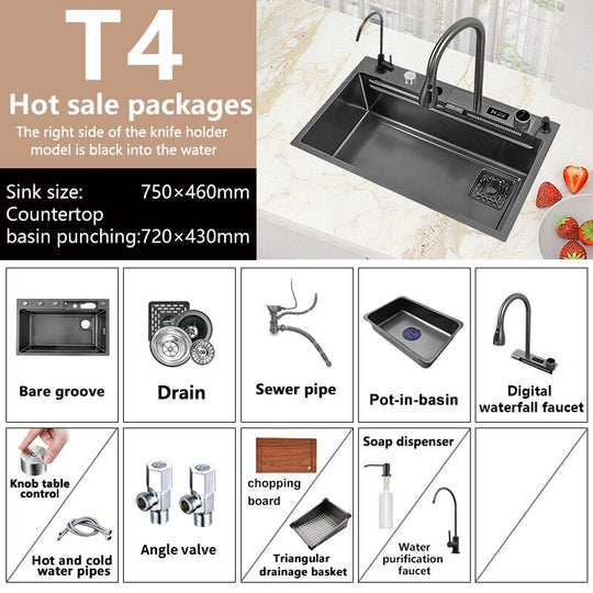 Waterfall Sink Stainless Steel Kitchen Large Single Slot Right Side Down Utensils For Kitchen For